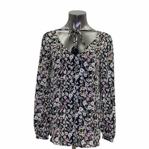 LAUREN Conrad Black Multicolored Floral Print V-Neck Tie bust Long Sleeve Blouse - Picture 2 of 12
